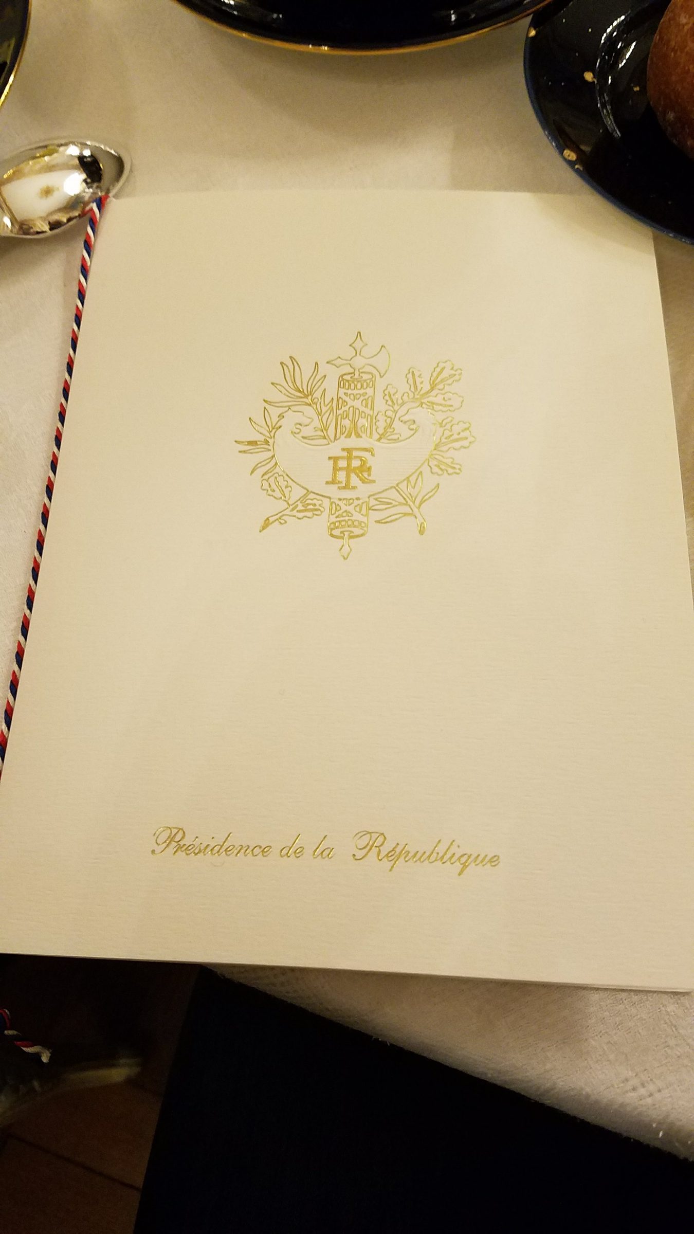 Présidence de la République dinner menu with gold crest