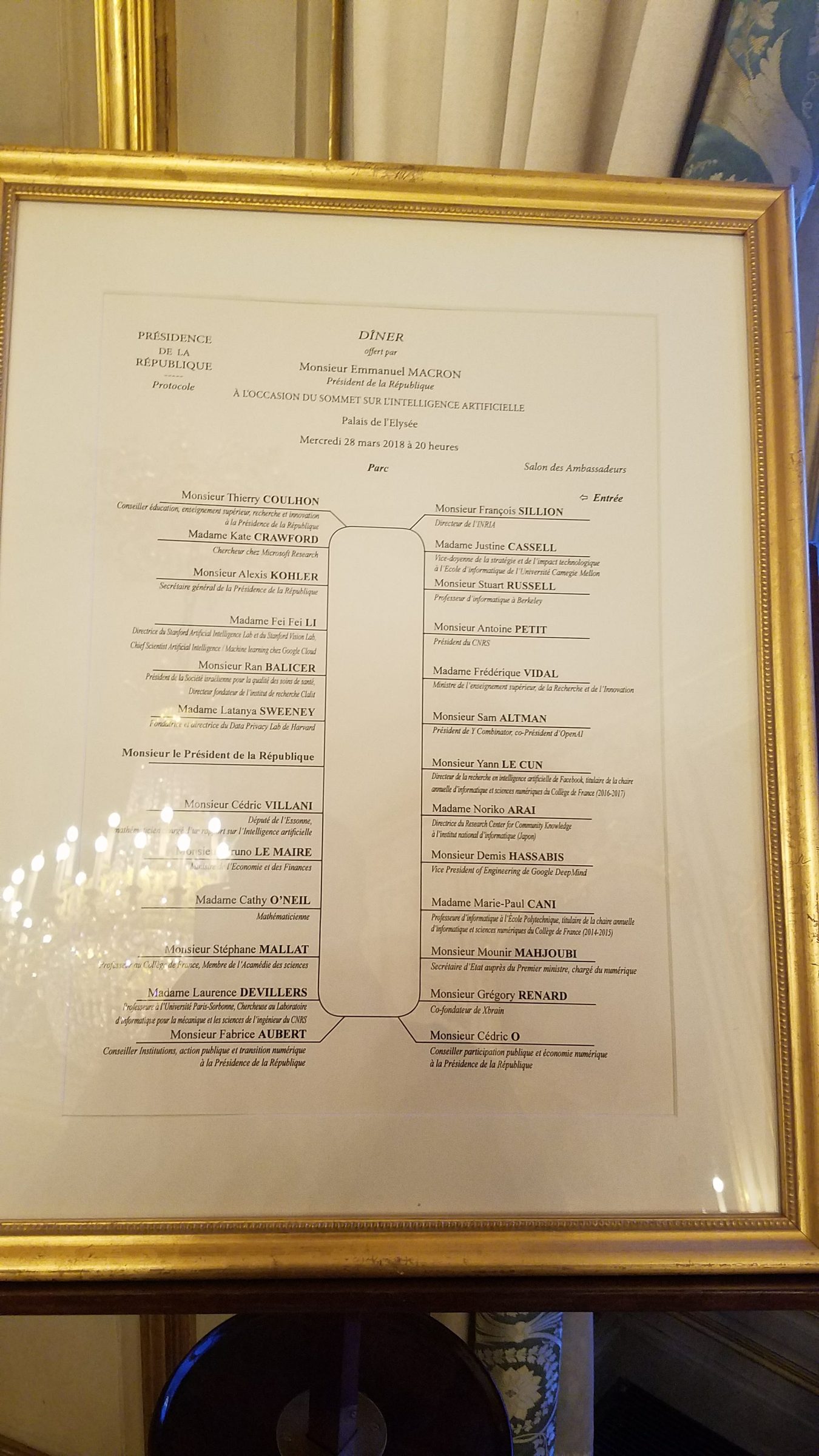 Official seating plan of the Élysée dinner for the AI summit, 28 March 2018